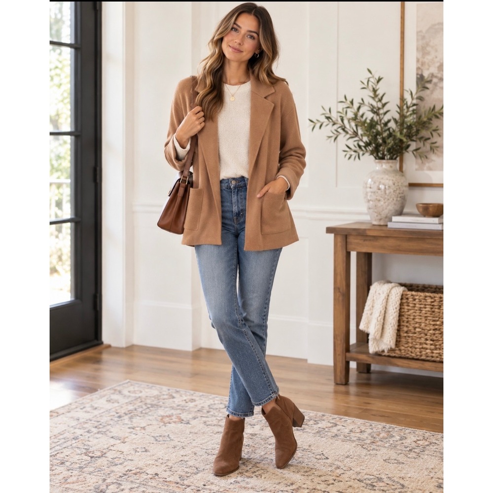 Sioni Anthropologie Women's XL Camel Knit Blazer Cardigan Jacket Patch Pockets